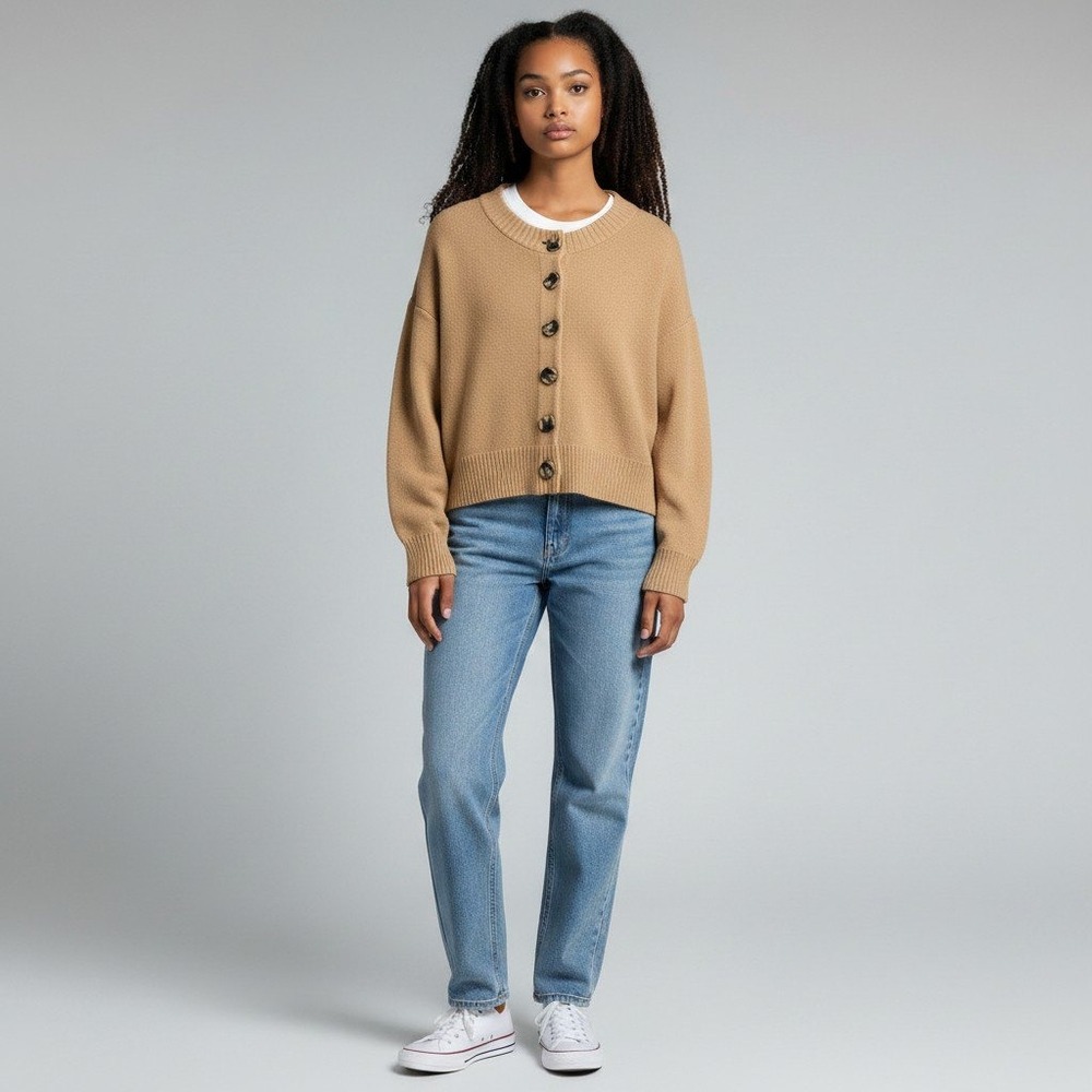 Quince Organic Cotton Cardigan Sweater Camel Tan Brown Button Front Medium
